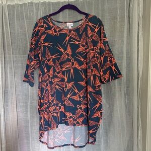 LuLaRoe Large Randy Tee Blue and Orange Bird Pattern.